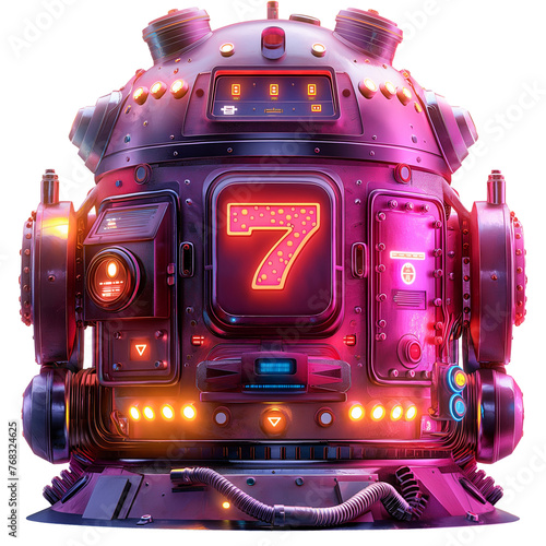 Casino neon Slot machine. Glowing sevens. Jackpot. Lucky seven 777. Bright and glowing neon purple and blue lights. Ai generated. Colorful PNG illustration. photo