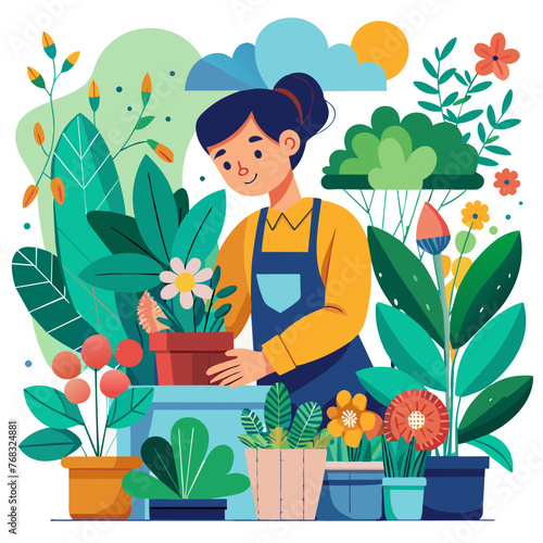 Woman Florist Around Flowers Illustration