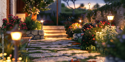 Decorative small solar lights by the stone steps in a garden. Garden illumination at night, solar powered lamps.