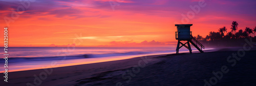 Twilight Tranquility: A Serene Coastal Scene as the Sun Sets over the Palm Trees and Lifeguard Chair