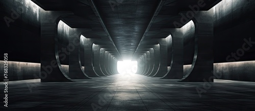 Inside a tunnel, there is a faint glow visible at the distant end of the passageway, creating a mysterious and dimly lit atmosphere