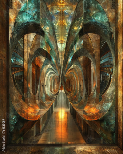 Emotion Emanating Mirror, iridescent shimmer, fractal designs, emotive reflections, revealing innermost thoughts and sentiments visually 3D Render, Golden Hour, HDR photo