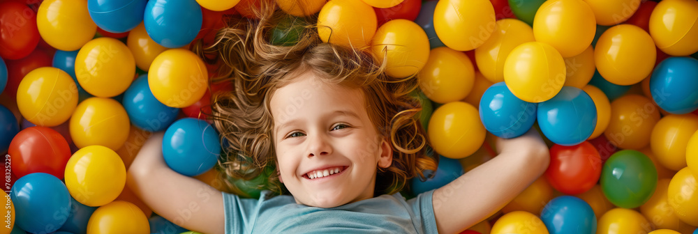 Happy cheerful kid having a blast at indoor play center. Child playing with color balls in playground ball pit. Happy cheerful kid having a blast at indoor play center. Child playing with color balls in playground ball pit.