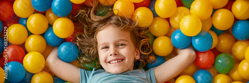 Happy cheerful kid having a blast at indoor play center. Child playing with color balls in playground ball pit.