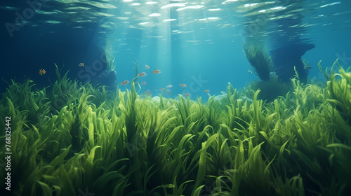 Underwater landscape with green seagrass at the bottom of the sea