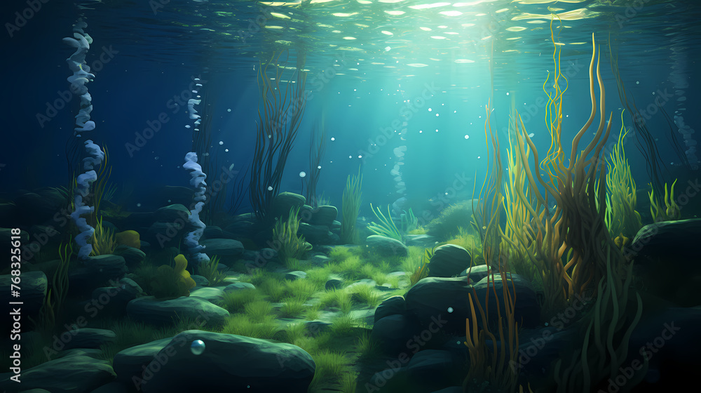 Fototapeta premium Underwater landscape with green seagrass at the bottom of the sea