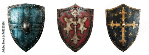 Rustic Medieval Shields: A Set of Wooden and Metallic Styles, Isolated on Transparent Background, PNG