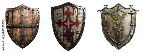 Medieval Rustic Shield Set: Different Styles of Wooden and Metallic Shields, Isolated on Transparent Background, PNG