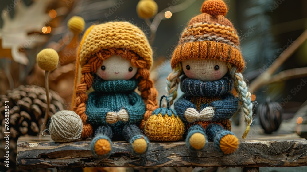 Knitting Dolls made of felt sitting on a felt table.