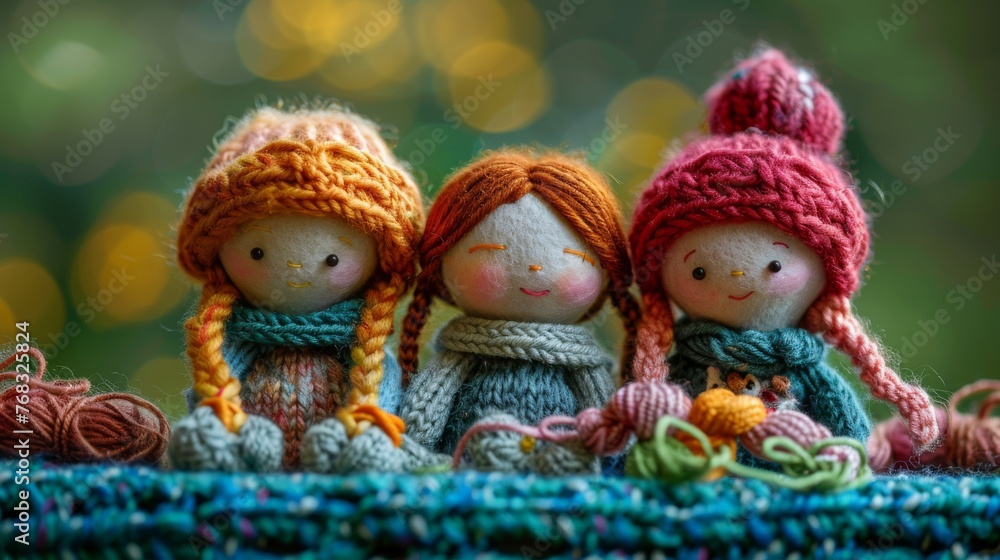 Knitting Dolls made of felt sitting on a felt table.