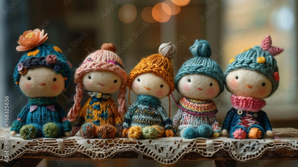 Knitting Dolls made of felt sitting on a felt table. --ar 16:9 --stylize 250 Job ID: da879d7e-58bf-412b-b7e6-9294ecded981