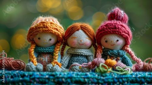 Knitting Dolls made of felt sitting on a felt table.