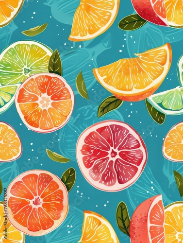colorful citrus pattern on turquois background 
