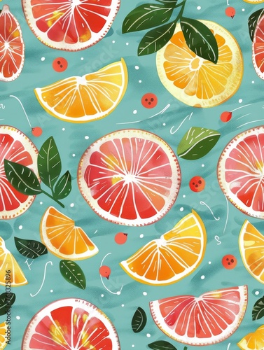 colorful citrus pattern on turquois background 