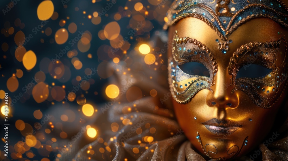Golden Venetian Mask on Shimmering Blurred Background