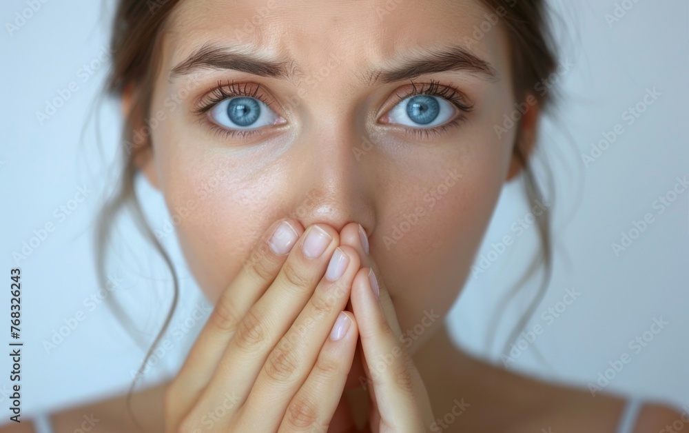 Young woman covering her mouth with both hands isolated over plain background Young woman covering her mouth with both hands isolated over plain background