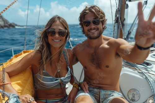 A man and a woman are lounging on a sailboat, their hair waving in the ocean breeze. They smile as they enjoy the leisurely travel on the watercraft, while admiring the endless sky above photo