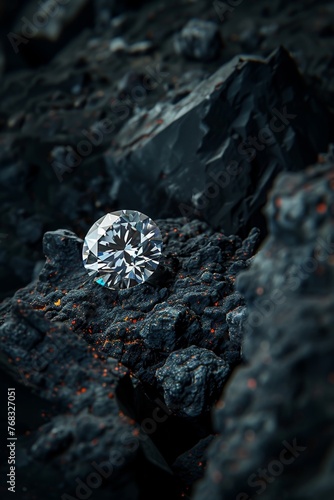 Close-up of a sparkling diamond against a coal-black backdrop, symbolizing the stark contrast of beauty and the mundane
