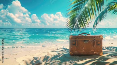 Tropical Getaway: Suitcase on Sandy Beach with Sunny Sea and Palm Leaves