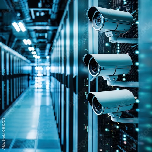 Modern surveillance technology guarding a maze of server racks