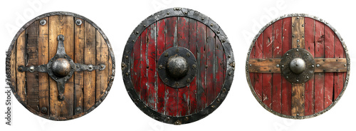 Collection of rustic viking shields in various styles: wooden and metallic, Isolated on Transparent Background, PNG