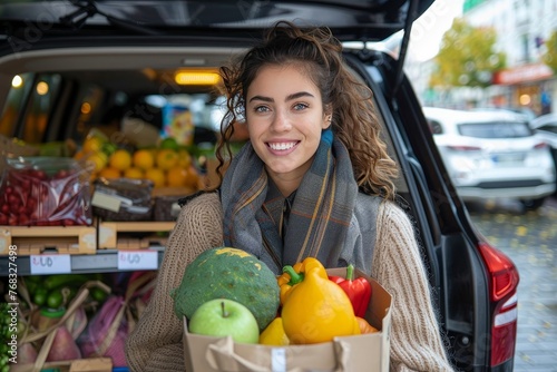 Smiling woman wearing a warm scarf holds a cardboard box of mixed groceries with a large pumpkin photo