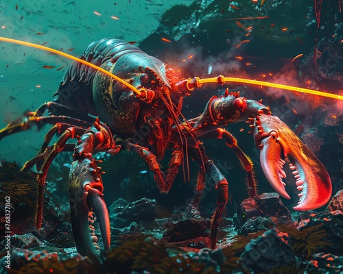 A lobster with neon orange claw blasters, defending its rocky coastal territory