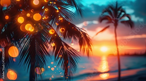 Tropical Palm Trees Silhouette at Sunset - Vintage Tone and Bokeh Lights - Perfect for Summer Vacation Vibes © hisilly
