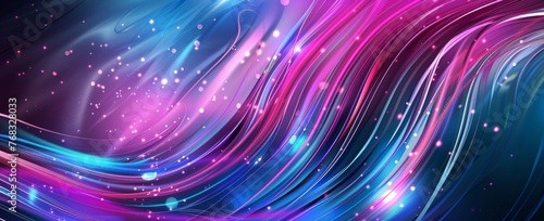 Abstract neon wave background with glowing particles in pink and blue hues.