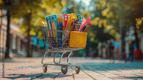 Back-to-School Shopping Cart Filled with Essential School Supplies photo