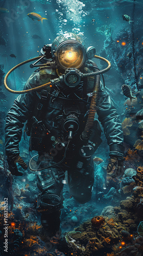 Deep sea diver, diving suit, seeking treasures on ocean floor, surrounded by exotic sea life, featuring bioluminescent creatures Realistic, Blue hour, HDR