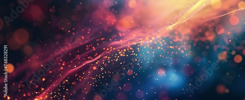 Cosmic abstract background with a stream of red particles and bokeh on a deep blue backdrop.