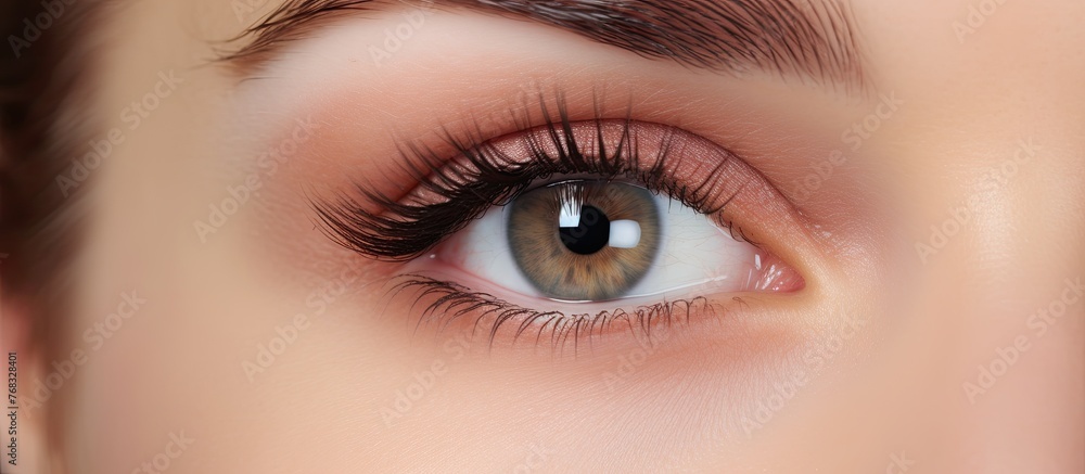 Obraz premium A close-up image showcasing a woman's eye with beautifully long eyelashes perfectly adorned with brown eyeliner, enhancing her natural beauty