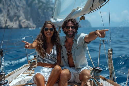 A man and a woman are enjoying leisure time on a sailboat, smiling as they travel across the water. The sky is clear, highlighting the naval architecture of the boat © RichWolf
