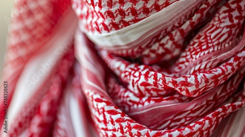 A closeup of the traditional red and white Ghutrah, a headscarf worn by oriental men photo