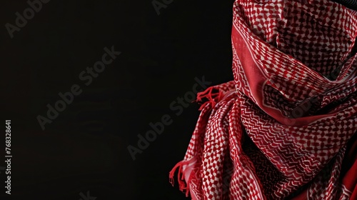 A closeup of the traditional red shemagh headscarf worn by Saudi men, set against a black background with space for text photo