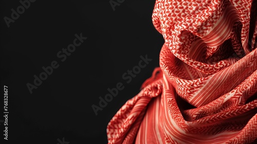 A closeup of the traditional red shemagh headscarf worn by Saudi men, set against a black background with space for text photo