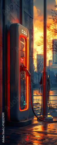 Electric vehicle charging station, sleek design, fast-charging technology, set against a backdrop of modern city skyline filled with sustainable transportation Photography, Sunlight, HDR photo