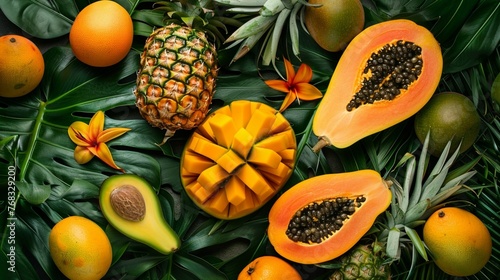 An exotic fruits background, with tropical fruits like pineapples, mangoes, and papayas arranged against a backdrop of lush green leaves.