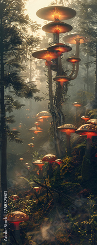 Mushrooms, mycelium network, interconnected intelligence, deep forest floor, foggy morning, realistic 3D render, silhouette lighting