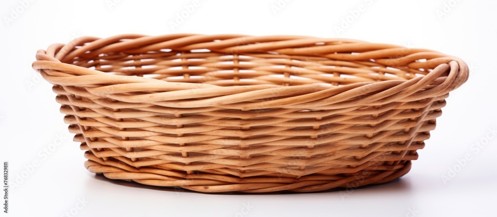 Obraz premium A wicker storage basket made of wood is placed on a white surface, ready to hold ingredients for a delicious baked goods recipe
