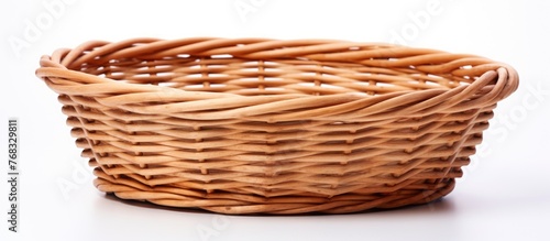 A wicker storage basket made of wood is placed on a white surface, ready to hold ingredients for a delicious baked goods recipe
