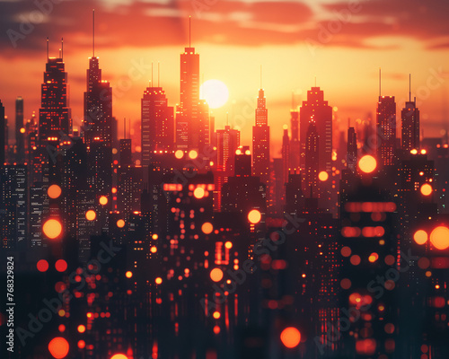 Automation, Workforce Transition, Universal Basic Income Consequences, City Skyline, Sunset, 3D Render, Silhouette Lighting, Depth of Field Bokeh Effect