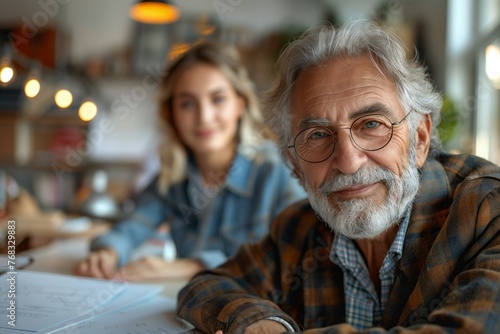 An older gentleman with glasses and a beard sits at a table with a young girl, sharing a fun and artistic event. Their facial expressions show joy as they sit among tableware in a room