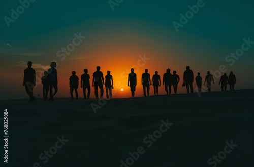 A line of people walking under a sunset sky in the desert, possibly a journey or shared experience