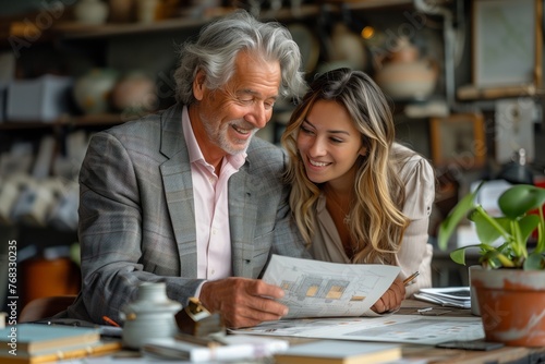 A man and a woman are seated at a table, sharing a flowerpot with a houseplant while smiling at each other. They seem to be discussing news or planning an event, both dressed in smart suits