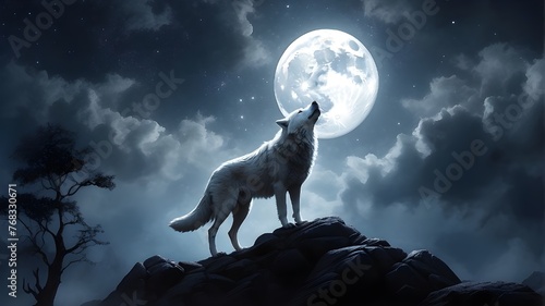 wolf howling at the moon, Digital illustration of a white wolf howling at the moon. The illustration should capture the mystique and magic of the scene, with stylized elements and exaggerated proporti © Waqasiii_Arts 