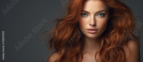 A close up of a striking woman showcasing long vibrant red hair, wearing a chic black top