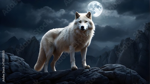 White wolf howling at the moon. The image should depict a majestic white wolf standing on a rocky outcrop, its head thrown back in a haunting howl towards the full moon in the night sky. The wolf shou photo