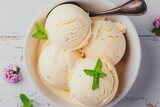 Vanilla Ice Cream with Mint in bowl Homemade Organic product Top view. generative ai.